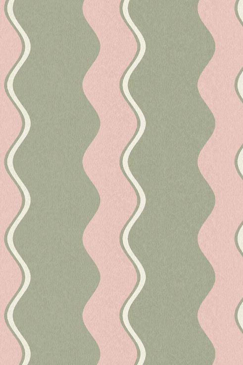 A repeating vertical wavy stripe pattern with dusty pink and sage green bands separated by thin off-white lines, shown as a flat texture-like surface.