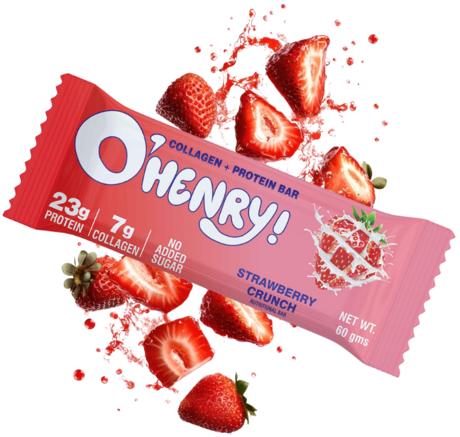 A pink O'HENRY! Collagen + Protein Bar wrapper for Strawberry Crunch, surrounded by fresh sliced strawberries and red juice splashes on a white background.